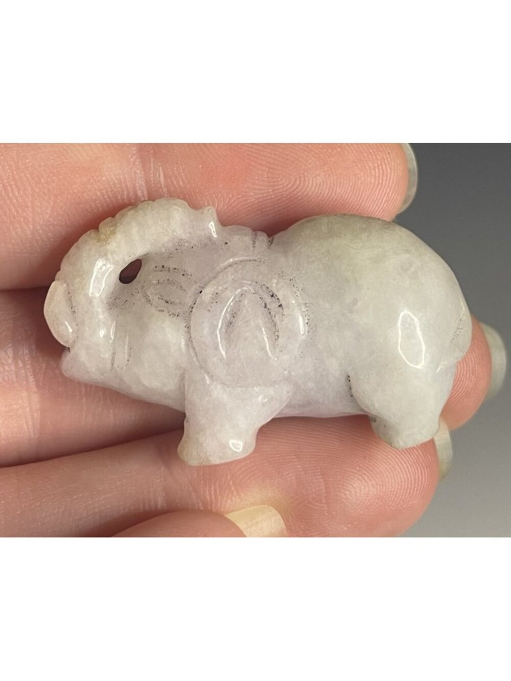 20th C. Hand Carved Chinese Lavender & Green Jade Elephant Netsuke Toggle